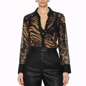 Vintage Semi-Sheer Lace Button Down Blouse | Tiger Print + Floral | Women Large